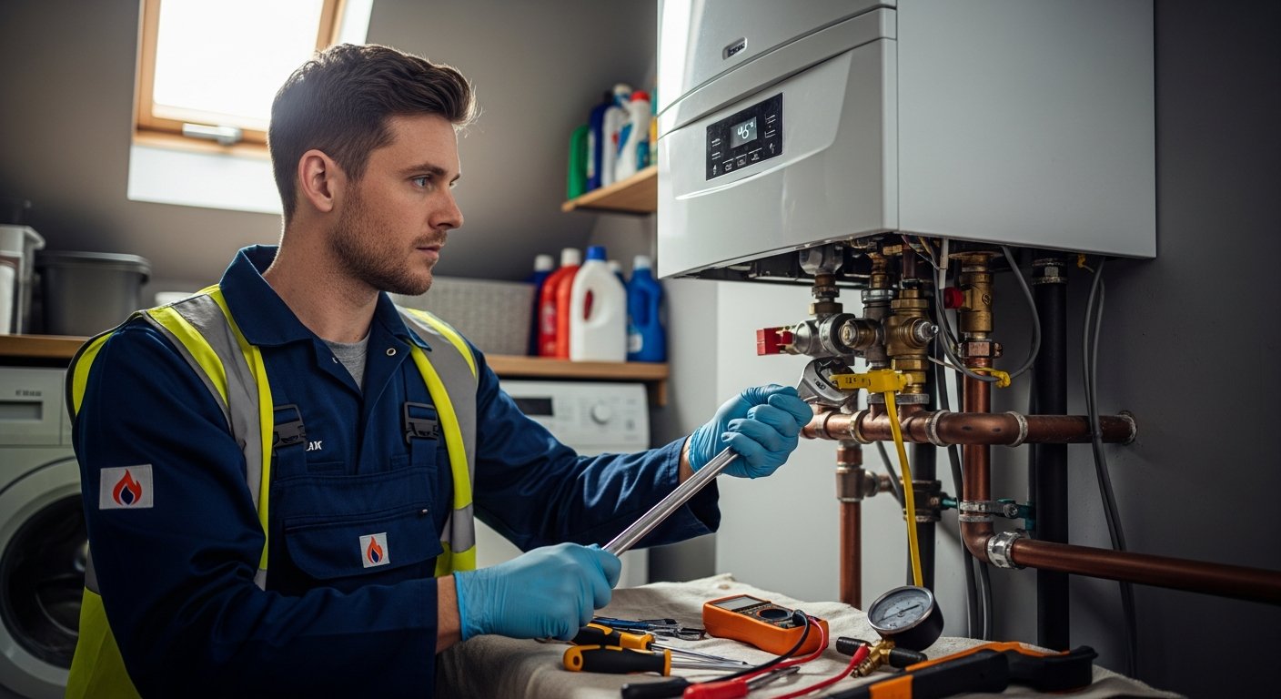 Professional gas engineer servicing a modern combi boiler in a Yorkshire home kitchen